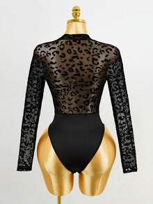 Mistrie Sexy Leopard Print Flocking Pattern Black Bodysuit,Summer Spring Mock Neck Cut Out Underwire Bust Cup Slim Fit Long Sleeve Semi-Sheer Bodysuits,Casual Cheetah Print Mesh Contract Boned Jumpsuits,Fashion Street See-Through Clothes,Sexy Party Outfits For Women,Music Festival/Club/Night Out/Rave Festival Outfits,Valentine Dating Wear - Black - View 2