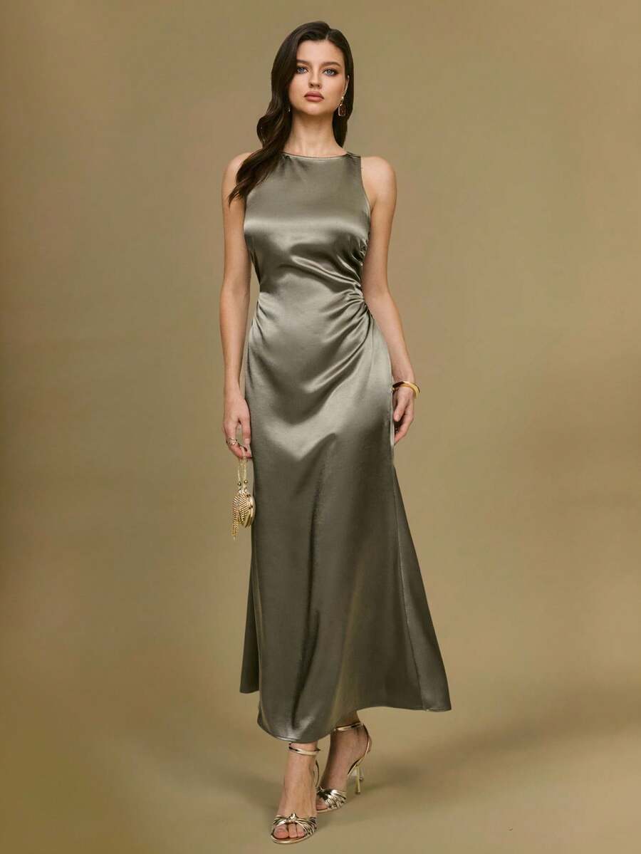 Poéselle 女士纯色简约日常交叉系带连衣裙 - 橄欖綠 - 查看 1