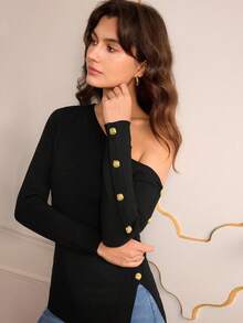 Lilora Sweater Pullover Wanita Slim Fit dengan Bahu Asimetris Seksi Terbaru, Musim Gugur/Dingin - Hitam - View 4