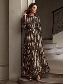 ZEYLAH 女士时尚派对宴会撞色亮片条纹图案系带连衣裙 - 黑色 - 查看 2