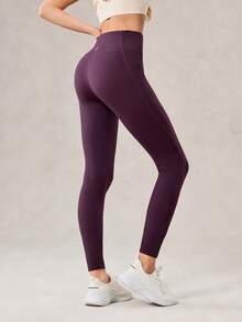 OutZeal Women Outdoor Leggings Solid Color Workout Gym Yoga Thermal Lined Tummy Control High Waist Multi Pocket Sports Pants Fall Winter - Purple - View 11