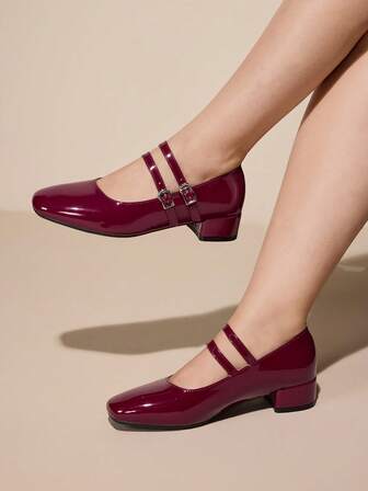 CUCCOO CURVES Women's Shiny Buckle Design Fashion Wide Fit Chunky Heel Shoes For Christmas