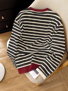 Resyla 女士休闲圆领长袖卫衣，饰有腊肠犬刺绣和条纹 - 黑色 - 查看 2