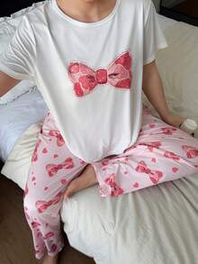 Bow & Heart Print Round Neck Short Sleeve Pajama Set, Casual Loungewear For Plus Size - Pink - View 1
