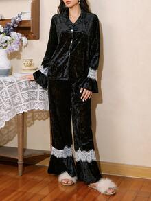 Côtesoire Conjunto de pijama de cárdigan de encaje elegante francés de color contrastante para mujer - Negro - Ver 1