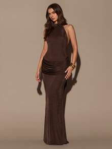 SHEIN BAE Women's Autumn/Winter High Neck Backless Tie Waist Ruched Fishtail Hem Elegant Extra Long Dress,  Summer Dress,Valentine's Day,Elegant Dress,Brown Dress,Wedding Guest Dress ,Vacation Outfits Women Halter Neck Maxi Dress Brown Sexy Dress - Brown - View 3