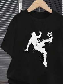 SHEIN 2pcs Tween Boys Casual Sports Style Football Pattern Silhouette Graphic Short Sleeve T-Shirt And Shorts Set, Street Style, Suitable For Summer - Black - View 5