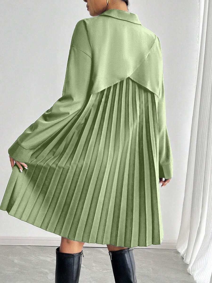 SHEIN Clasi 女士褶裥拼接长袖衬衫裙，秋冬款 - 淺綠色 - 查看 1