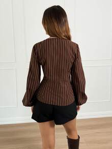 Siren Gaze 棕色条纹深V领蕾丝缎带系带灯笼袖长袖衬衫，适合度假、春季、情人节穿着，优雅女士衬衫，情人节咖啡棕色上衣，棕色衬衫，纯棉上衣，纯棉衬衫，纯棉休闲度假风 - 棕色 - 查看 2