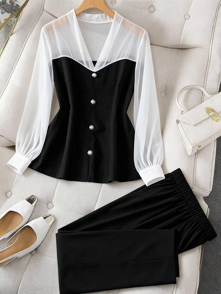 GlowEve CURVE 大码女士优雅撞色长袖衬衫和裤子两件套，适合工作场合 - 黑與白 - 查看 1