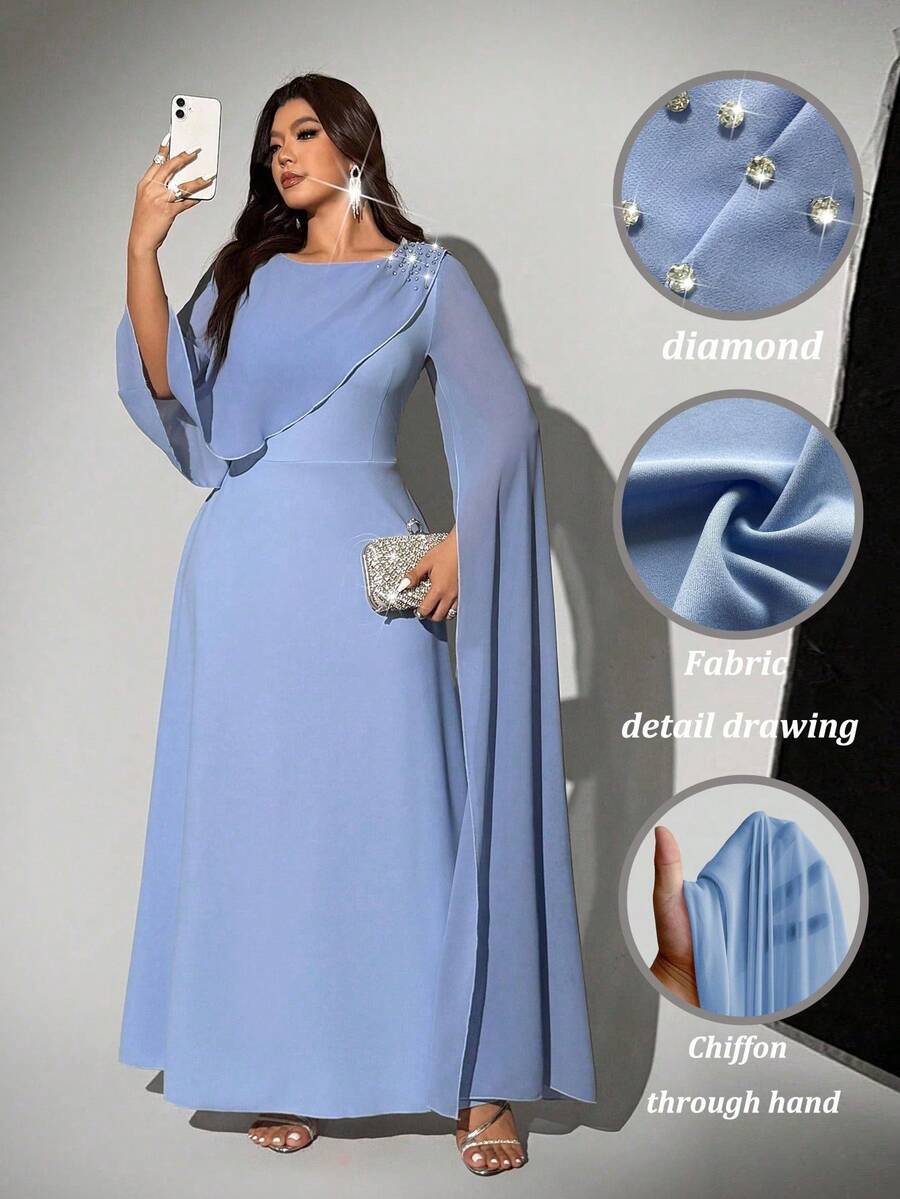 Viva Relle Váy voan tay bồng cỡ lớn dành cho nữ, thích hợp cho tiệc tùng, khách dự tiệc cưới, ngày lễ, năm mới - Màu xanh bụi bặm - Xem 1