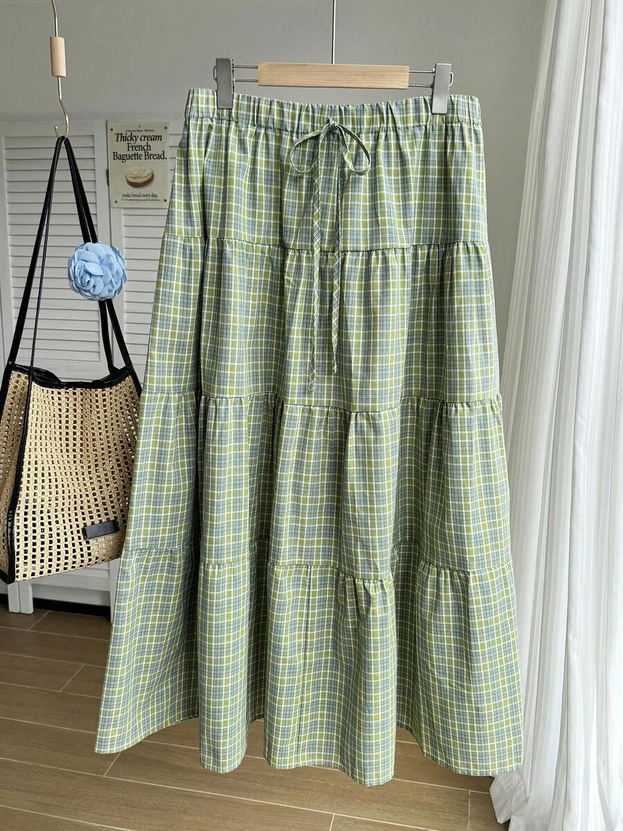 Comfortcana 大码分层绿色格子中长休闲 A 字裙，夏季度假 - 綠色 - 查看 1