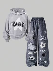 SHEIN ChillGRL 2pcs/Set Teen Girl Hoodie Sweatshirt With Printed Design & Printed Pants - Multicolor - View 3