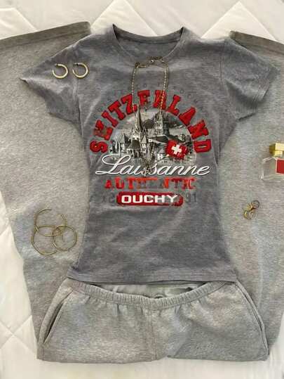 Glimmora White Ink Print Grey Women's Crew Neck Fitted Short Sleeve T-Shirt