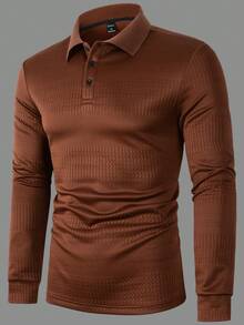 Manfinity Homme 男士休闲商务通勤纯色纹理面料长袖Polo衫，春秋季棕色长袖Polo衫，锈红色男士衬衫，棕色上衣，棕色Polo衫，长袖针织男士衬衫，复古风格，适合日常休闲、周末旅行、户外活动、探险旅行、轻松的工作环境或半正式场合，可作为男友/丈夫礼物、周年纪念/生日礼物、派对礼物、圣诞节礼物、新年礼物、婚礼礼物。 - 棕色 - 查看 6