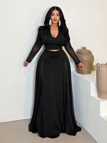 SHEIN PETITE CURVE Women's Elegant And Sophisticated Two-Piece Set For Spring And Autumn: A Black Deep-V Sheer Long-Sleeved Top And Black Midi Skirt, Plus-Size And Slimming Evening Wear. Perfect For Girls' Outings, Parties, Holidays, New Year's, Valentine's Day, And Summer.