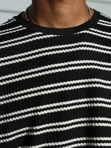 PAVTROS 男士休闲黑白条纹长袖针织T恤，街头风，朋友装，情侣装，宽松版型，男款，印花，日系风格，男女通用，我爱我的女朋友 - 黑與白 - 查看 7