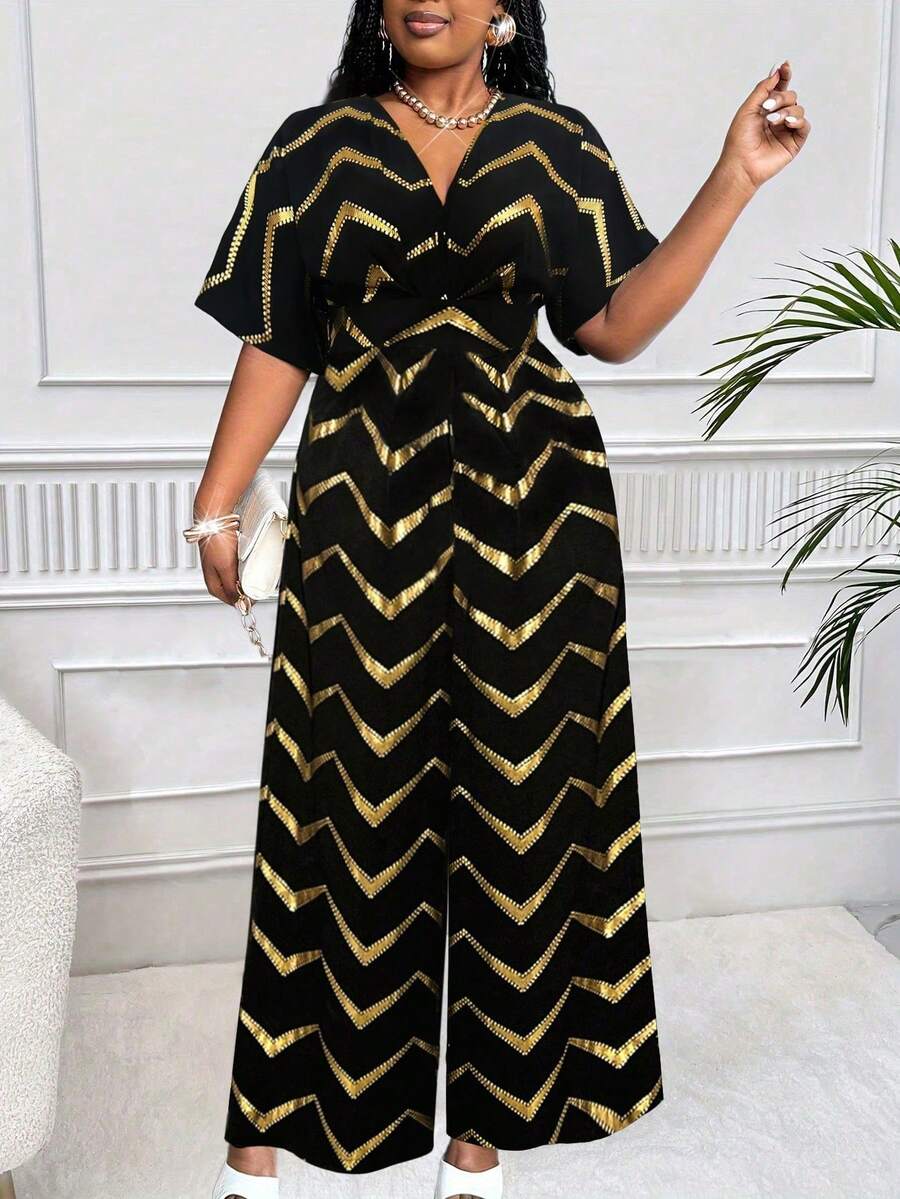 Maweii Plus Size Women Elegant Black Gold Color Contrast Print Surplice Neck Short Sleeve Wide Leg Jumpsuit, For Summer - Black - View 1