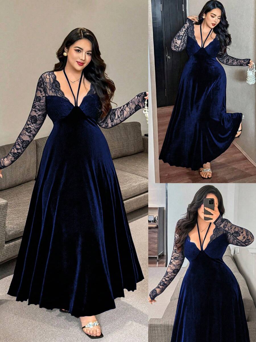 Vibekara Váy nhung chữ A cổ chữ V buộc dây tay dài phối ren cỡ lớn dành cho nữ, thanh lịch, gợi cảm, phong cách cổ điển, mùa thu/đông - Màu xanh lam - Xem 1
