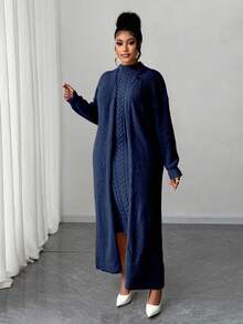 Maweii Bộ áo khoác cardigan hai mảnh dệt kim màu trơn thanh lịch cỡ lớn dành cho nữ - Màu xanh lam - Xem 5