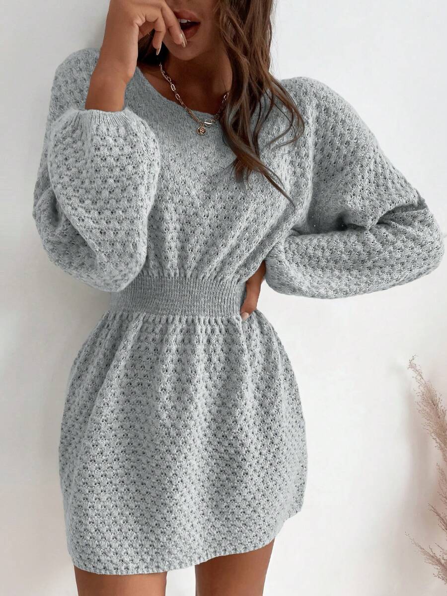 SHEIN LUNE Váy len cổ tròn thắt eo thường ngày cho nữ, Thu/Đông - Xám - Xem 1
