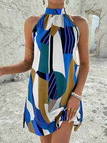 EMERY ROSE 女式几何印花露背连衣裙 度假海滩装 - 寶藍色 - 查看 4