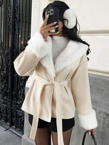 MainGRL 女士时尚优雅毛绒混纺夹克，适合秋冬外出装、返校装和街头装 - 白色 - 查看 4