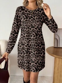SHEIN LUNE Women's Casual Minimalist Leopard Print Short Dress, Suitable For Autumn/Winter,Casual - Multicolor - View 4