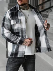 Manfinity Homme Casual Blue & White Plaid Pocket Men's Shacket Men Knitted Button Up Men Black And White Shirt Long Sleeves Men Street Wear Shirt Plaid Button Up Men Men Flannels - Black and White - View 7