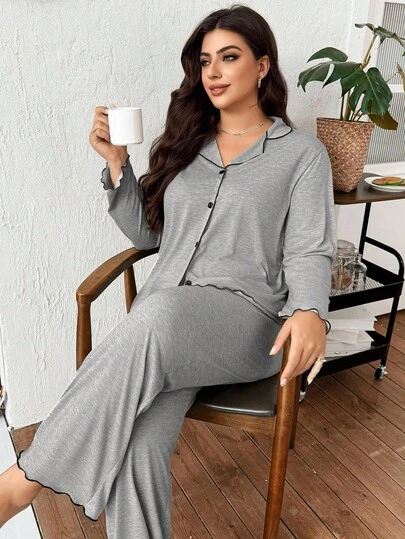 SHEIN Doze Lane Plus Size Women's Light Gray Lettuce Trim Classic Loose Lapel Open Front Knit Fabric Casual Long Sleeve Top & Pants Pajama Set, Winter Clothes Grey Pajama Set Curve Pajamas Set Plus Size Loungewear Set Women Lounge Wear Sets Long Sleeve Lounge Set