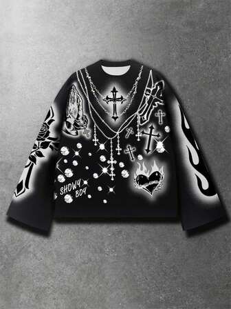 Street Life Camiseta holgada con estampado digital de llama de rosa para hombre