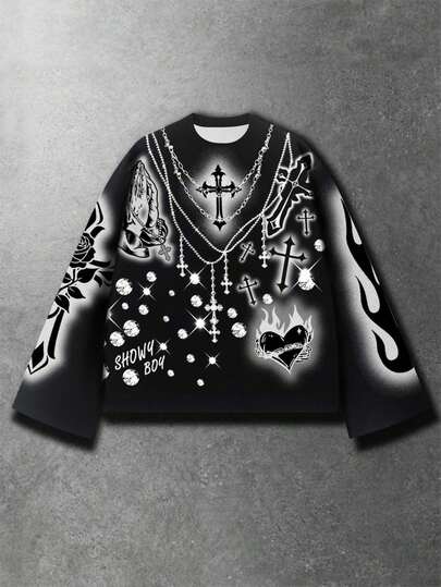 Street Life تي شيرت فضفاض مطبوع برسمة ألسنة اللهب والوردة والماس للرجال