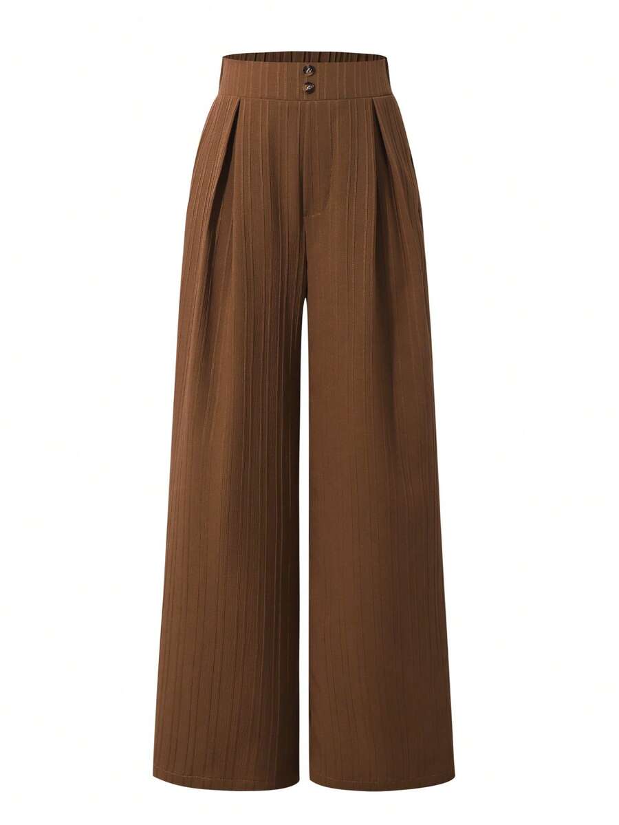 Sparklyn Girls' Textured Vertical Striped Black Loose Button Pants - Rust Brown - View 1