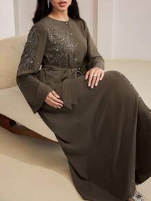 Al Najma Women's Elegant Rhinestone Decorated Waist Belt Abaya Dress - Purple - View 1
