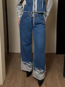 Jeanoix Women's Drawstring Waist Pocket Distressed Wide Leg Loose Casual Jeans - Blue - View 8