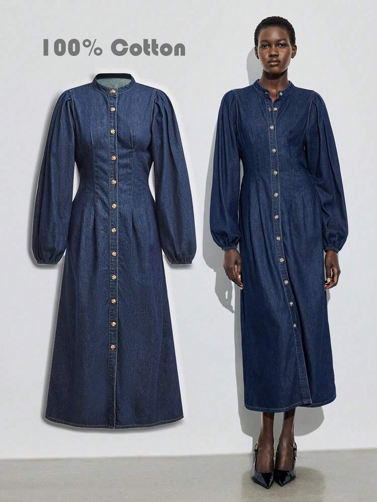 SHEIN Maija Damen Mode Denim Kleid mit Knopfleiste, geeignet für den Arbeitsweg