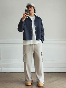 HUEFORM Pantalon cargo décontracté pour hommes, couleur unie, taille élastique avec cordon de serrage, pantalon cargo surdimensionné polyvalent pour hommes, pantalon de survêtement cargo pour hommes - Kaki - Voir 2