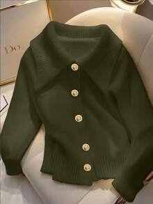 Franclia Women's Casual Everyday Commute Simple Solid Color Turndown Collar Single-Breasted Cardigan, Autumn/Winter Green Cardigan Button Up Cardigan Green Sweater Olive Green