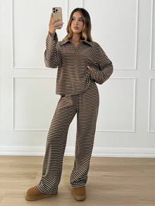 Siren Gaze Women's 2pcs Set Loose Striped V-Neck Drop Shoulder Long Sleeve T-Shirt &Elastic Waist Striped Pants, Winter Sweater Suit ,Autumn/Winter, Brown, Casual Sets For Women, New Year Clothes, Christmas Pajamas, New Year Pajamas, Family Christmas Matching Pajamas Set, Casual Sets For Women Brown Two Piece Set Women Spring - Brown - View 4