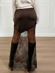 Siren Gaze Women's Lace Patchwork Skirt, Coffee Brown, Brown Skirt, Elegant Dress Women, New Year Clothes, Party Dresses, Beach Skirt, Satin Lace Skirt, Party, New Year, Date Outfit  Lace Maxi Skirt Long Brown Skirt Asymmetrical Skirt Slit Skirt See Through Skirt Summer - Coffee Brown - View 2