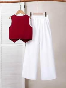 SHEIN Bộ 2 món trang phục thường ngày thanh lịch cho bé gái tuổi teen - Áo vest đen có điểm nhấn nơ trắng, kết hợp với quần âu trắng - Màu Đỏ Sâu - Xem 2