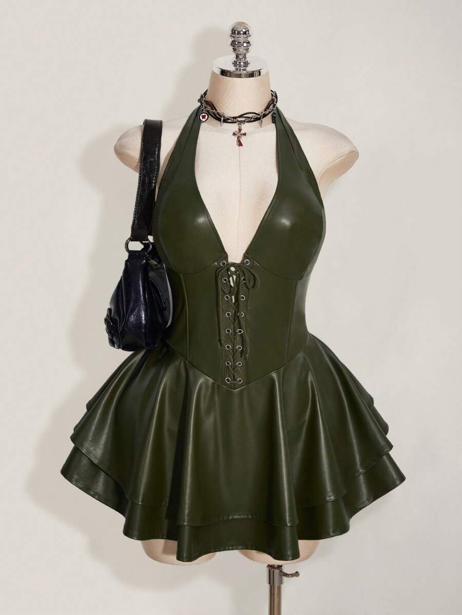 SHEIN ICON 大码Y2K时尚辣妹演唱会女装俱乐部派对节日锐舞装Y2K外出交叉绑带PU皮革露背迷你吊带黑色连衣裙 - 軍綠色 - 查看 1