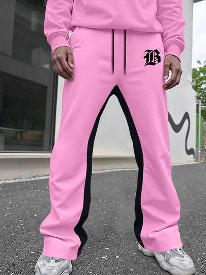 Manfinity EMRG Men's Letter Print Drawstring Waist Pocket Casual Flare Sweatpants Pink Streetwear Mens 2 Piece Outfits Pink Pink Sweatpants Men Pink Zip Up Men Pink Sweats
