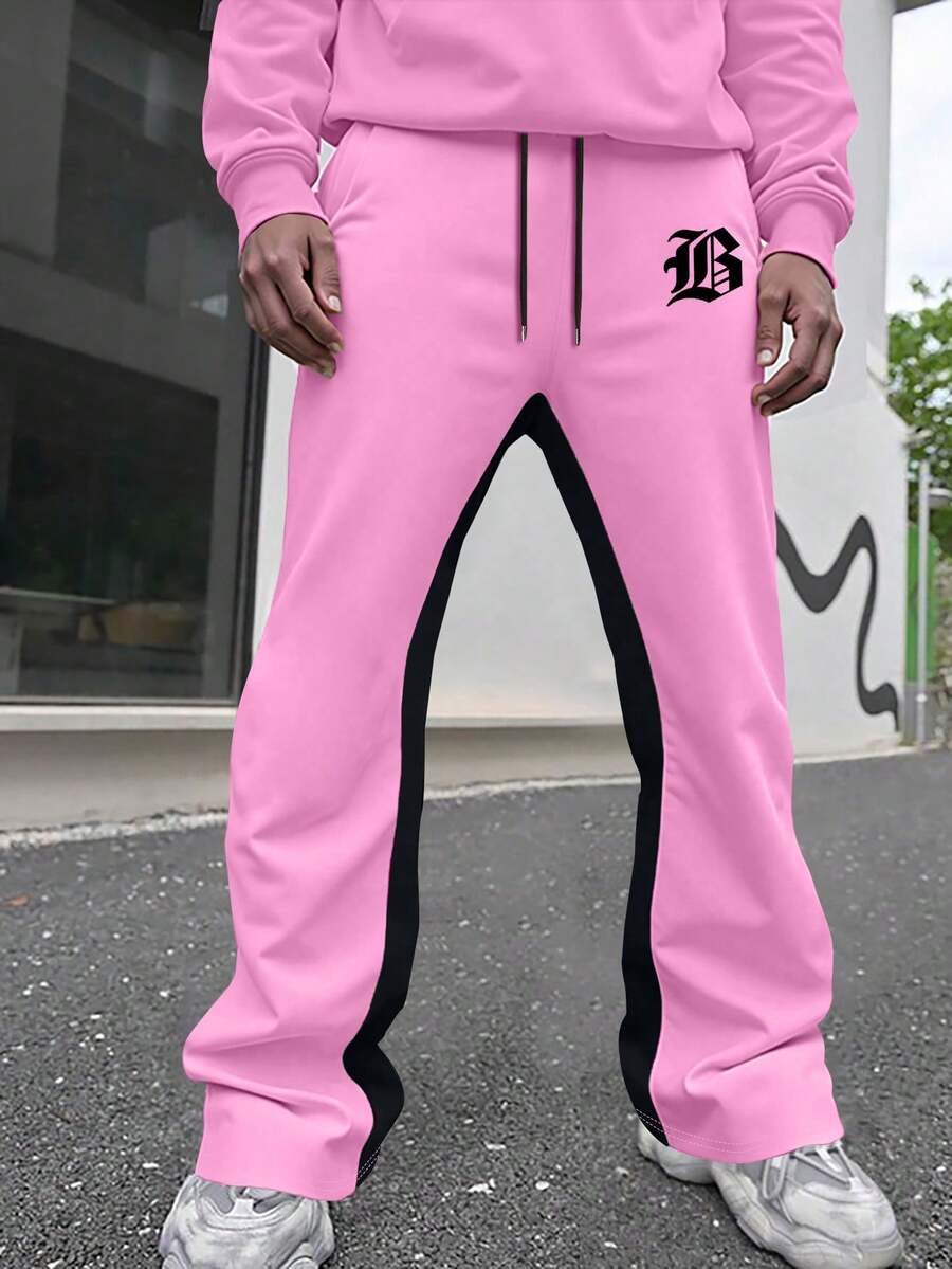 Manfinity EMRG Men's Letter Print Drawstring Waist Pocket Casual Flare Sweatpants Pink Streetwear Mens 2 Piece Outfits Pink Pink Sweatpants Men Pink Zip Up Men Pink Sweats - Multicolor - View 1