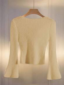 Franclia Damen Herbst Pullover mit gerüschtem Kragen und langen weiten Ärmeln, französischer eleganter asymmetrischer weißer Pullover für Herbst/Winter, dehnbarer figurbetonter Strick-Top - Aprikosenfarben - Übersicht 2