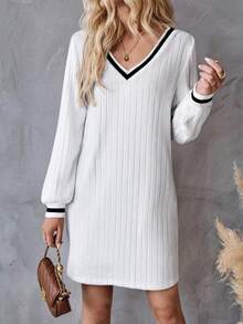 EMERY ROSE Women's Color Block Ribbed Striped Collar & Cuff Decor Long Sleeve Casual Versatile Knit Dress, Autumn/Winter