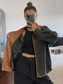 Livesso 女士休闲宽松仿羊毛混纺夹克，撞色麂皮拼接立领户外街头风，秋冬女式外套 - 深灰色 - 查看 4