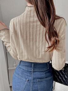 FRIFUL 女士立领撞色滚边长袖荷叶边下摆舒适透气休闲百搭T恤 - 粉色 - 查看 6