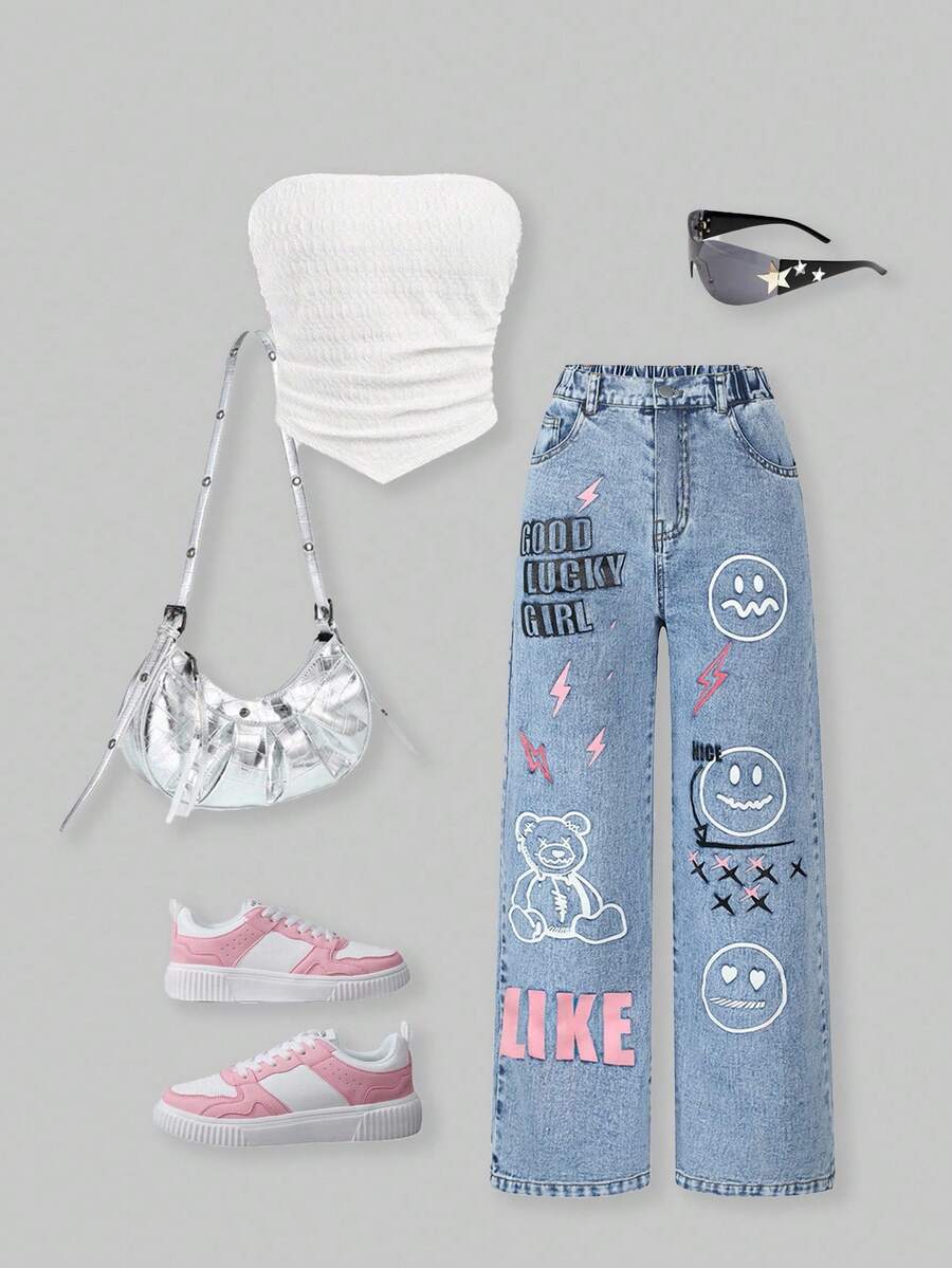 SHEIN ChillGRL 女童可爱小熊标语印花休闲牛仔裤 - 淺色水洗藍 - 查看 1