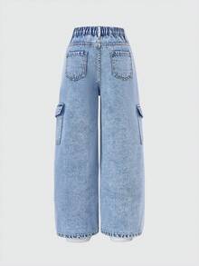 SHEIN ChillGRL 女童时尚甜心刺绣直筒宽松牛仔裤 - 藍色 - 查看 2